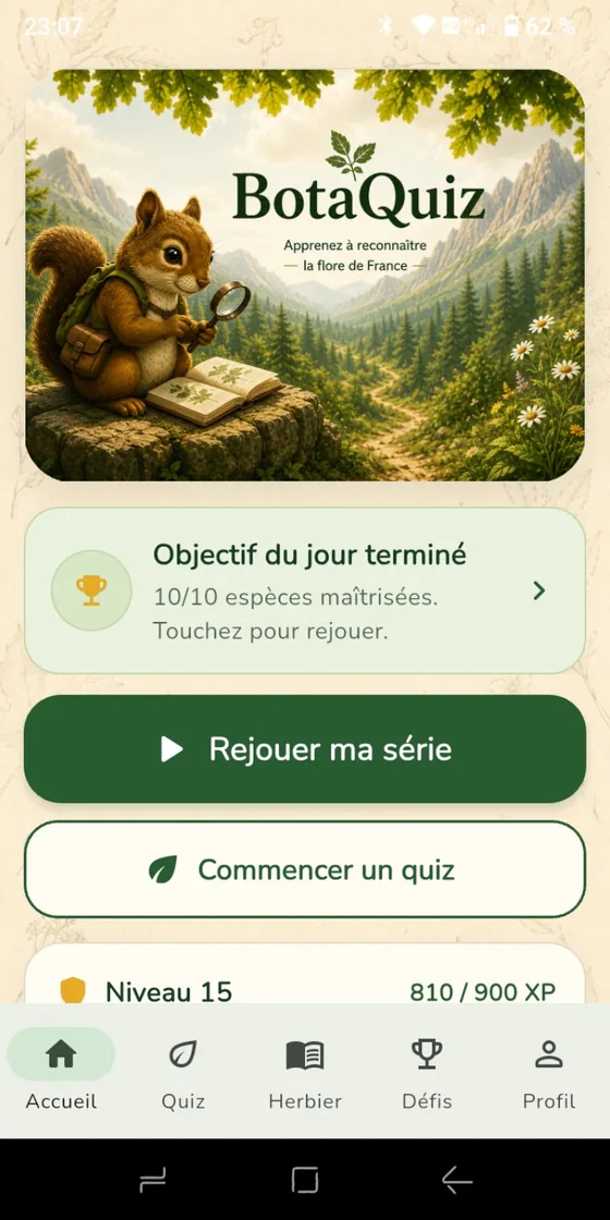 Écran d’accueil de BotaQuiz
